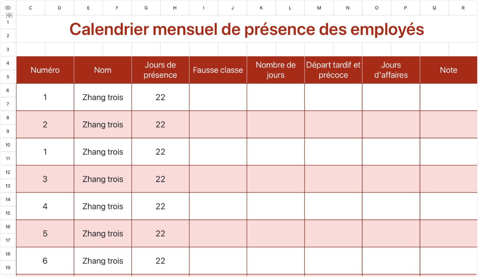Calendrier mensuel de présence des employés
